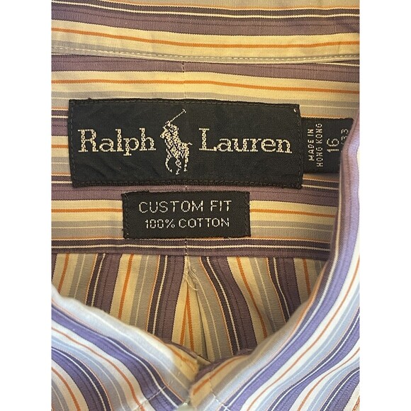 Ralph Lauren Custom Fit Bottom Down Shirt Man Size L (16 32/33) Purple Stripe - Picture 5 of 11